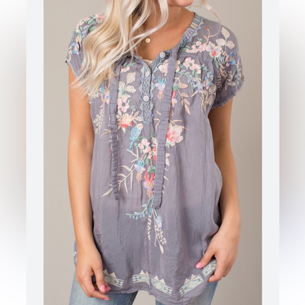 Johnny Was Gray Lavender Embroidered Peasant Blouse